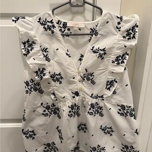 LOFT Ivory and Navy Embroidered Top